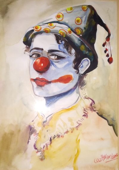 Painting of a sad joker 