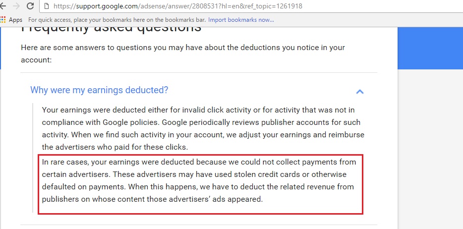 Why Google AdSense earnings were deducted?
