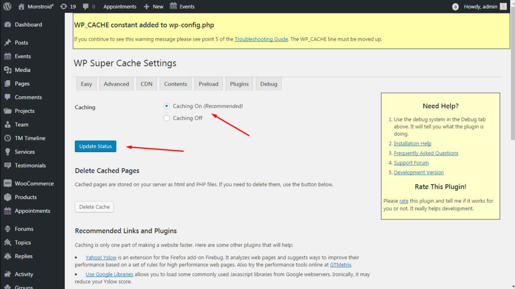 Enabling Page Caching to enhance the decrease in load time