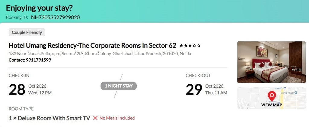 Hotel Umang Residency – The Corporate Rooms in Sector 62 review highlighting car parking issues and a MakeMyTrip booking complaint.